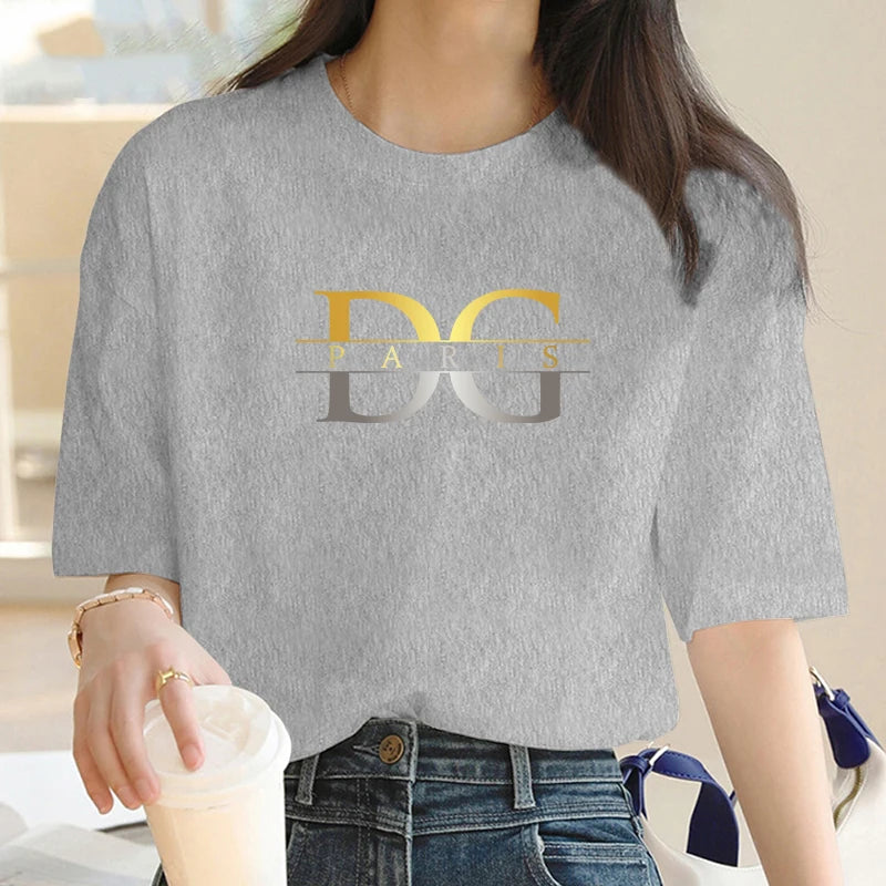 Luxury Brand Gold and Silver Gradient letter D Print Crew Neck Clothing Short Sleeve T-Shirt Trend Women's Summer Y2K Top