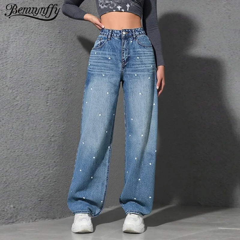 Benuynffy Heart Print High Waist Straight Jeans for Women 2025 New Streetwear Casual All Match Baggy Wide Leg Denim Pants Female