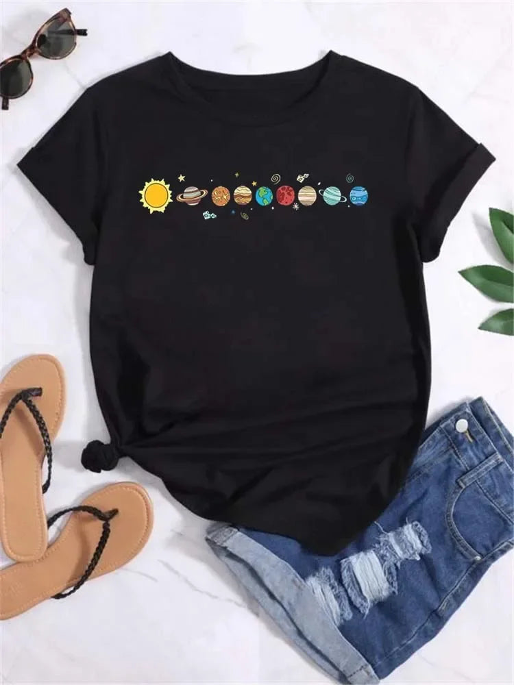 Women Moon Planet Print Fashion Tee Shirts Casual Round Neck Short Sleeve Streetwear Female T-Shirt Vintage Tops