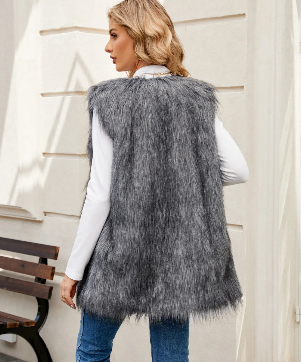 VigoCasey 2025 White Sleeveless Thick Faux Fur Vest Coat Woman V Neck Plush Warm Waistcoat Lady Autumn Winter Fluffy Vest Jacket