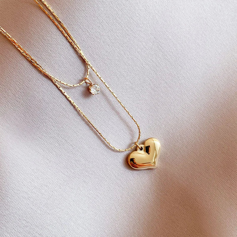 Stainless Steel 14K Gold Heart Pendant Necklace Women's Simple Chain Stylish Design Sense Jewelry Double Layer