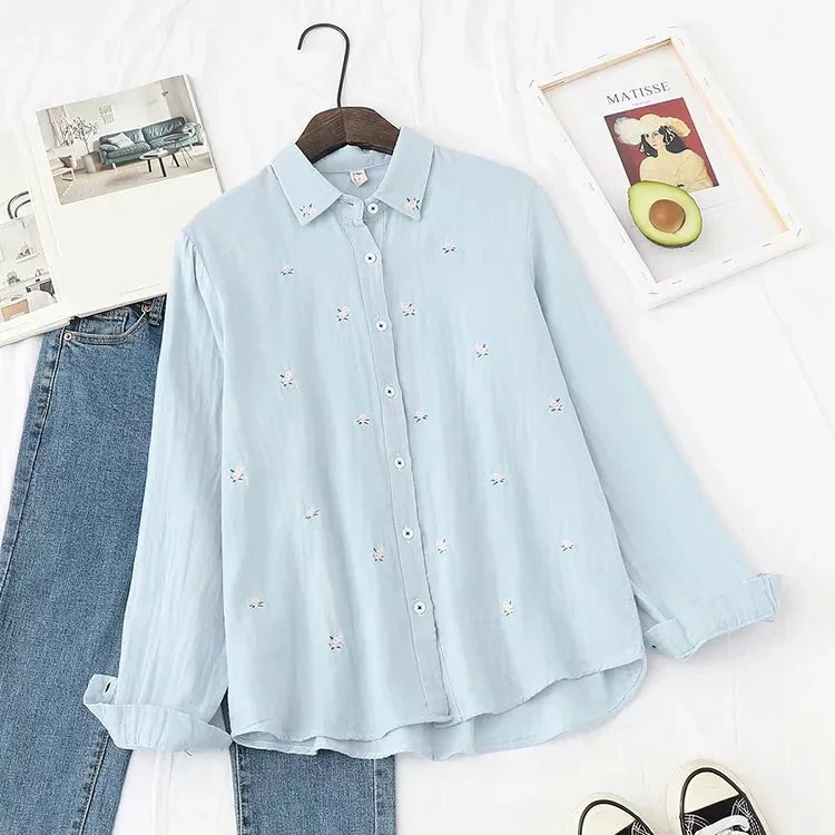 2025 Spring Autumn New Fresh Cotton Yarn Ladies Long Sleeve Shirt Flower Embroidered Women's Casual Shirt Female Blouse Clothes