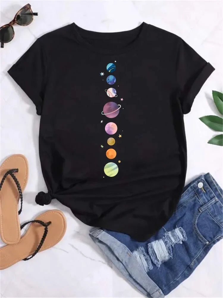 Women Moon Planet Print Fashion Tee Shirts Casual Round Neck Short Sleeve Streetwear Female T-Shirt Vintage Tops