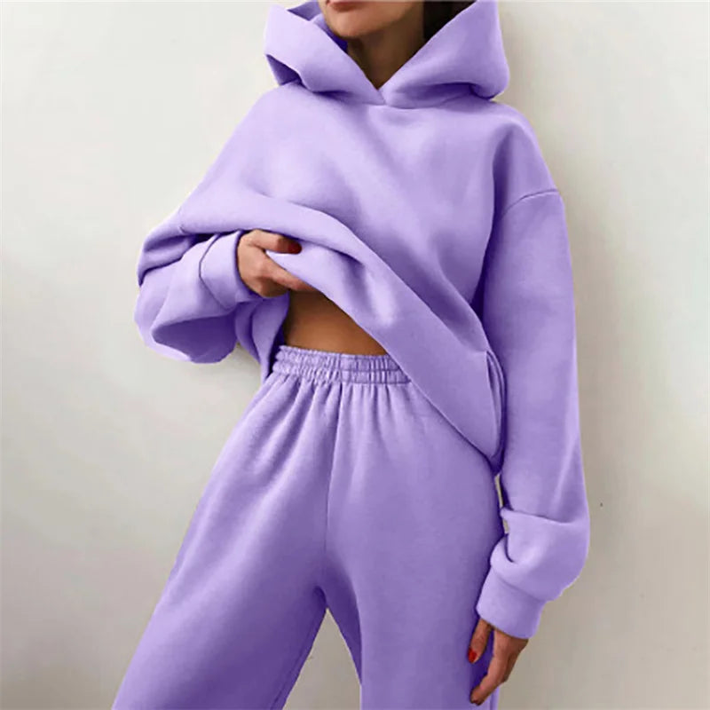 Women's Oversized Tracksuit Set Warm Autumn Fashion Hoodie Sweatshirts & Long Pants Casual Two-Piece Solid Hoody Pullover Outfit