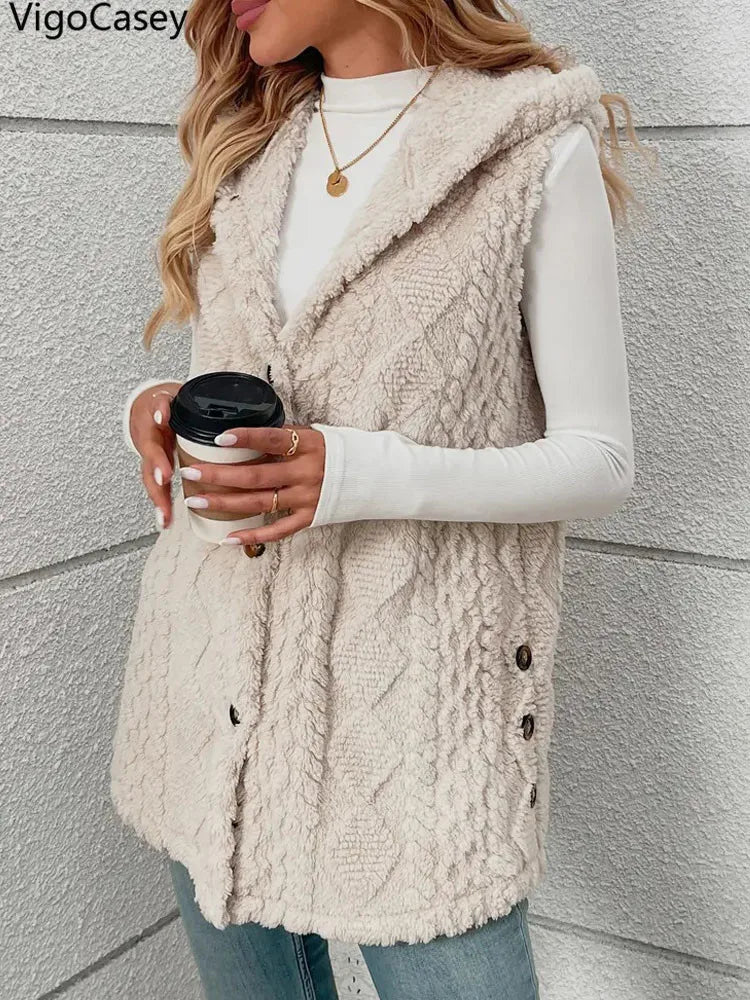 VigoCasey 2025 Casual Sleeveless Thick Vest Coat Woman Solid Hooded Warm Plush Waistcoat Lady Autumn Winter Apricot Vest Jacket