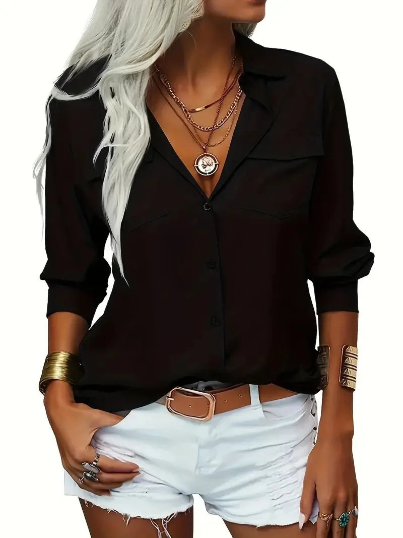 2025 Women's Military Green Shirt Lapel Button Cardigan Top Pocket White Simple Street Loose White Blouses for Female