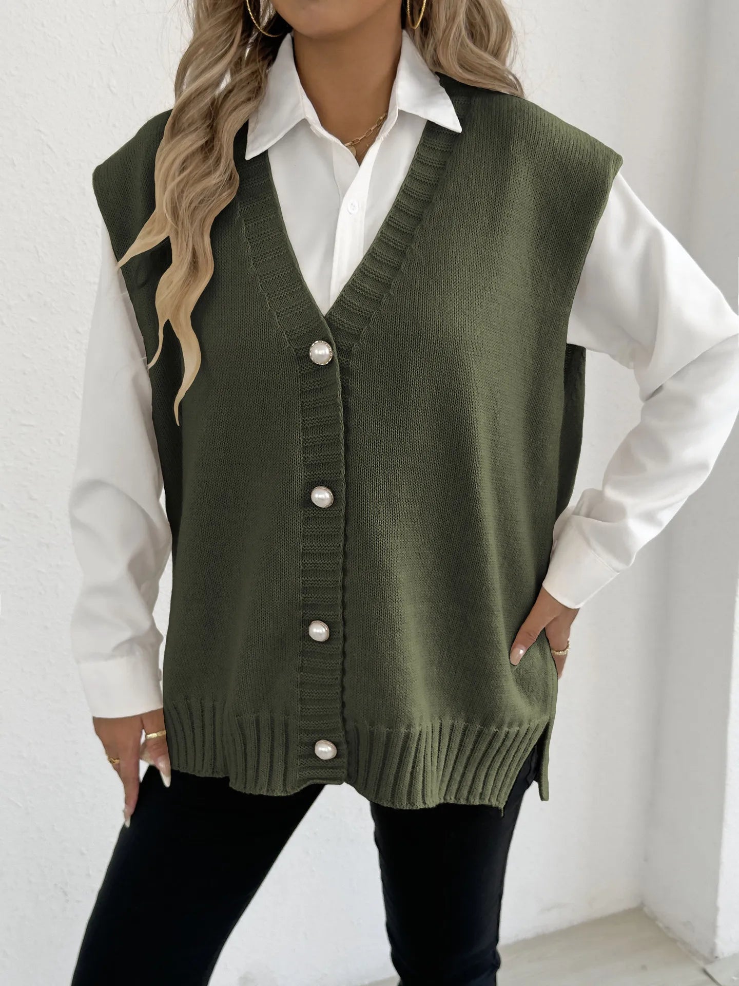 Women's Tops Autumn and Winter Vest Women's Clothing Pearl Button Loose Casual Cardigan Sweater Vest