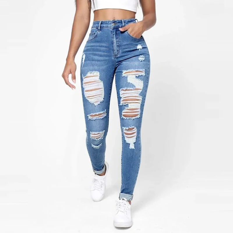 Ripped Holes Casual Skinny Jeans Autumn, Slash Pockets Distressed Single-Breasted Button Mid Waist Denim Pants