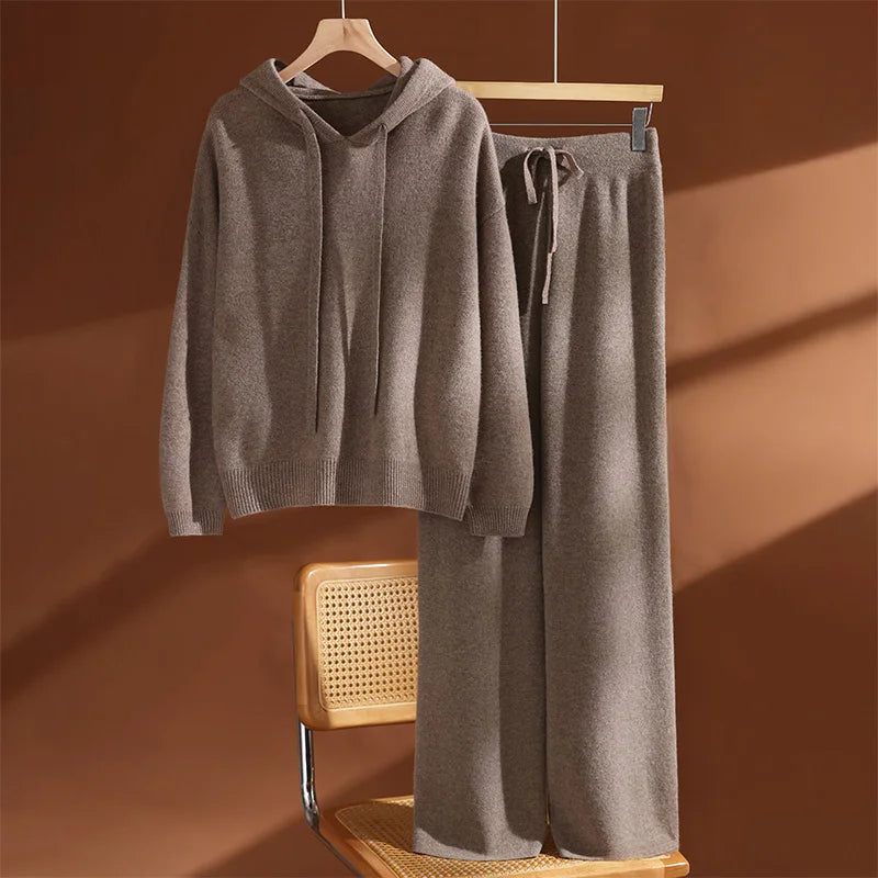 ADDONEE Autumn Winter Women's 100% Wool Set Hoodie Pullover Wide Leg Pants Thick Casual Cashmere Knitwear Sweater Trousers Suit