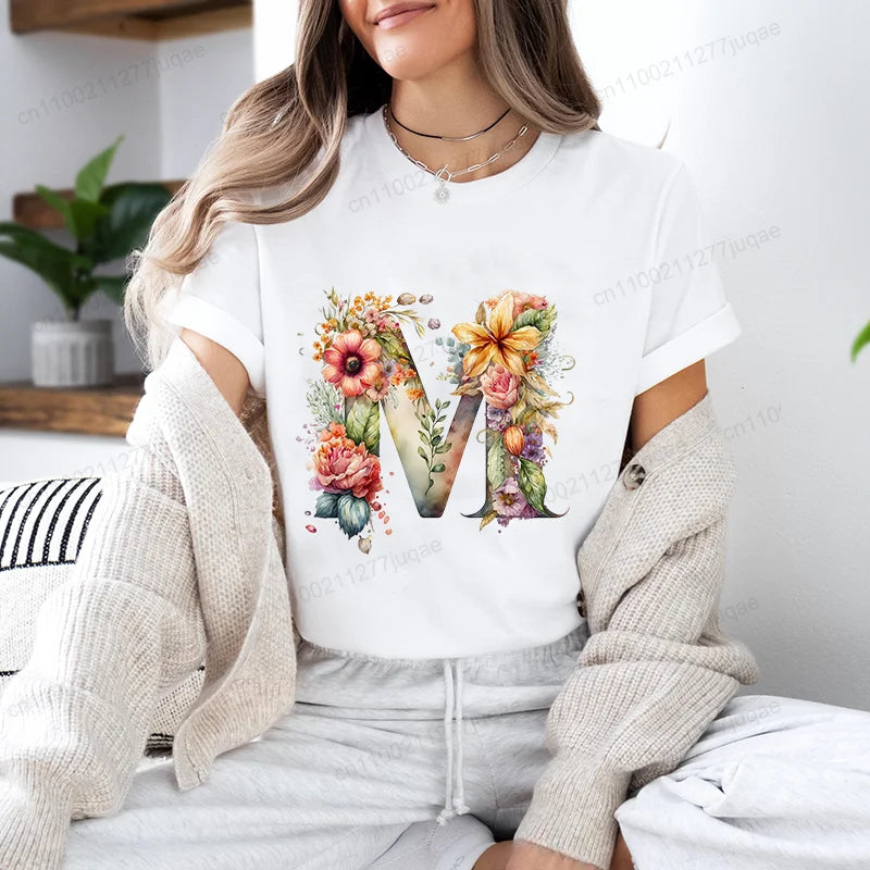 Women's T-Shirt Leisure Fashion Short Sleeve Tees Watercolor Botanical Flower Letter A~Z Print T-shirt Summer Streetwear Y2k Top