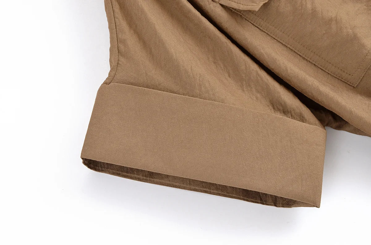 Women Adjustable Drawstring Waist Safari Shirt Short Sleeve Lapel Collar With   Pockets Loose Blouse Streetwear Lady Shirts