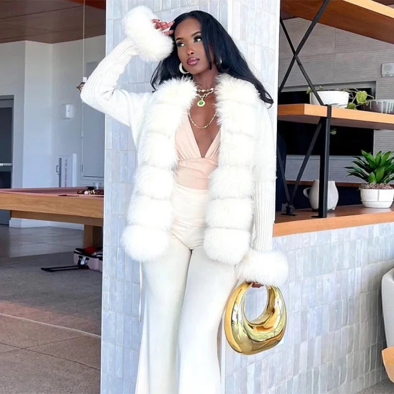 Chic Knitted Faux Fur Patchwork Women's Coat Thicken Warm Lady Coats 2025 Autumn Winter Chic Female Street Outerwears