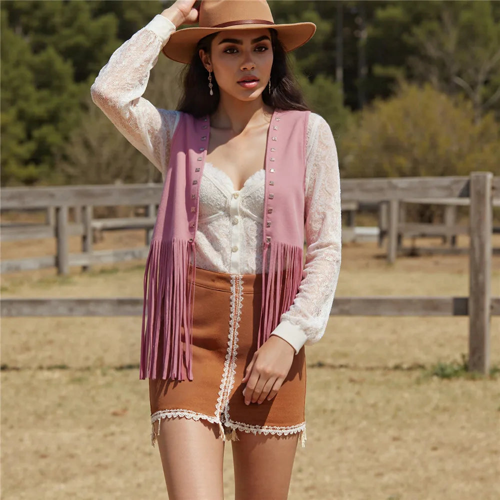 Women Vintage Sleeveless Faux Suede Fringe Vest Rivets Leather Western Boho Tassel Jacket Open Front Hippie Cardigan 2025