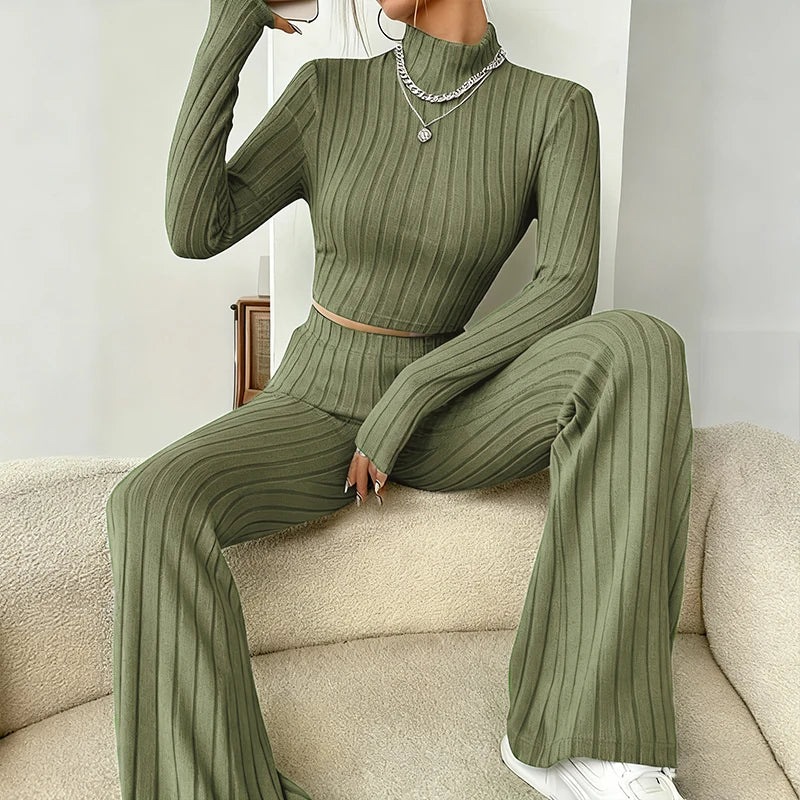 Fashion Women's Knitted Two-piece Set Casual Ribed Long-Sleeve Slim Outfit Trouser Set Female Outfit Clothes