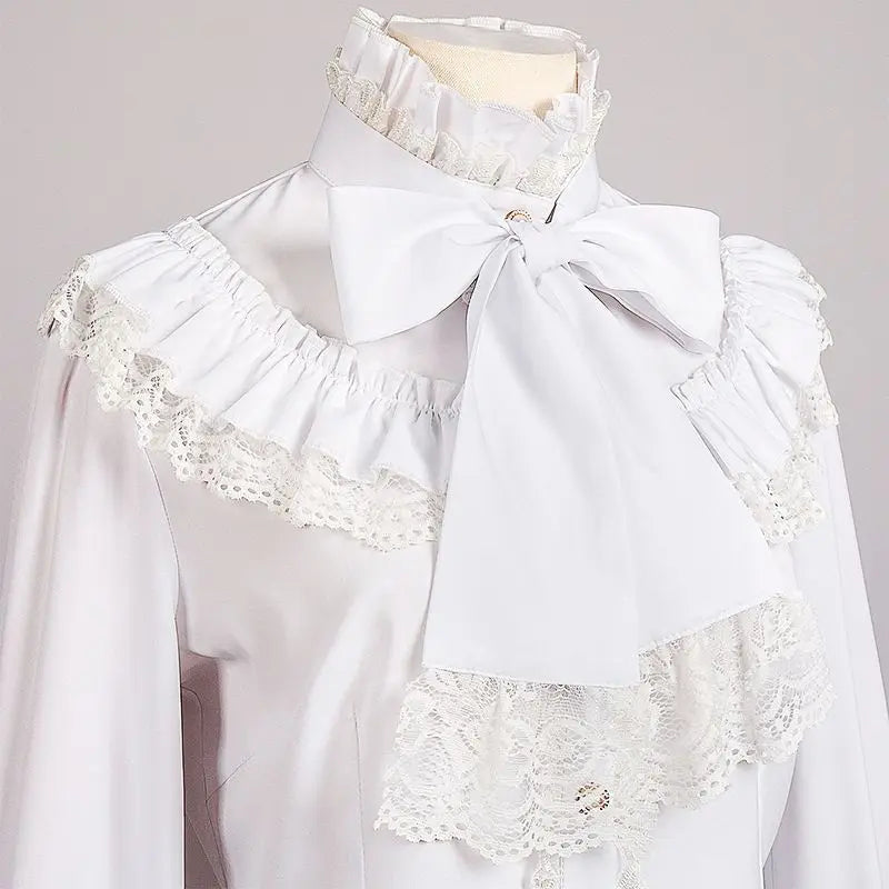 2025 Spring Women's Shirt Medieval Vampire Prince Poet Frills Lace Up Stand Neck Vintage Gothic Blouse Cosplay Performance Tops