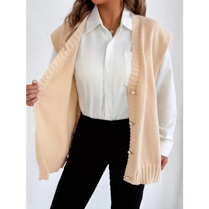 Women's Tops Autumn and Winter Vest Women's Clothing Pearl Button Loose Casual Cardigan Sweater Vest