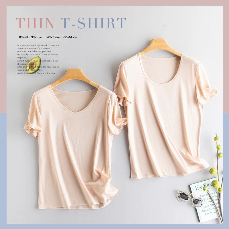 Summer Short Sleeve T-Shirt Women Tee Shirts Real Silk Linen Cotton T Shirt Women's Casual Tees V-neck Woman Tshirt Solid Tops