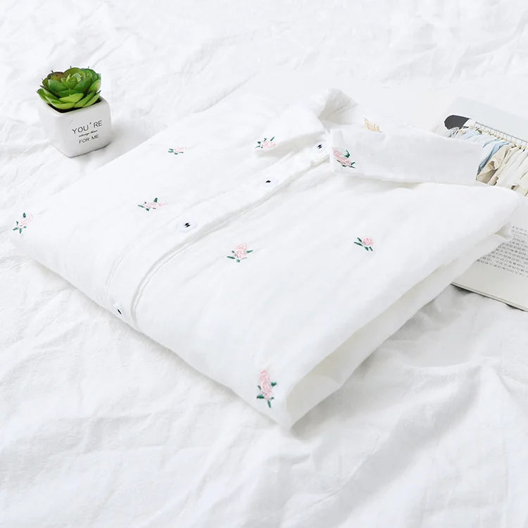 2025 Spring Autumn New Fresh Cotton Yarn Ladies Long Sleeve Shirt Flower Embroidered Women's Casual Shirt Female Blouse Clothes
