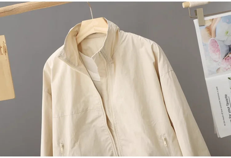 Women's New Autumn Zippered Loose Workwear Windbreaker Short Coat Women's Casual Long-sleeved Tops