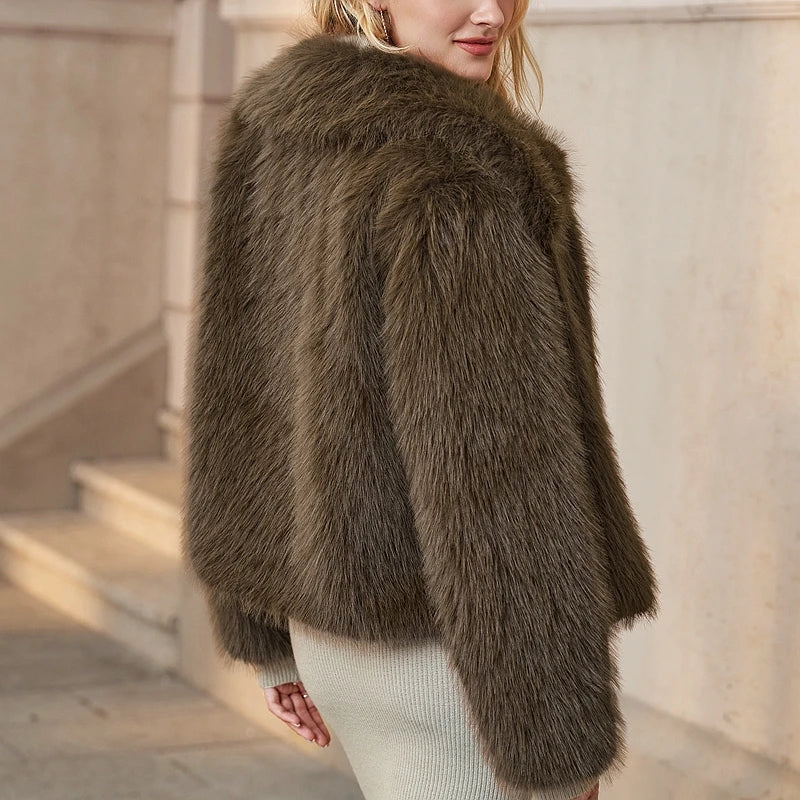 Fashion Vintge Women's Faux Fur Coat Turn-Down Collar Classic Overcoats Basic Fluffy Fox Jackets Lady Elegant Overcoats