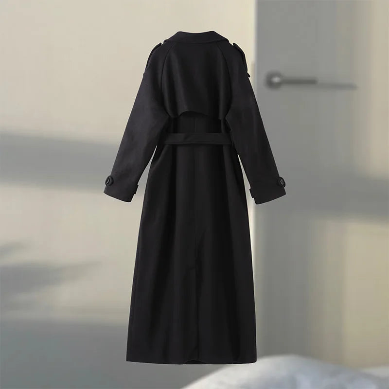 Belts Double Breasted Women's OverCoat Elegant Laple Pocket Full Sleeve Female Coat 2025 Autumn Winter Fashion New Lady Outwears