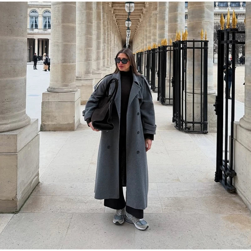 Belts Double Breasted Women's OverCoat Elegant Laple Pocket Full Sleeve Female Coat 2025 Autumn Winter Fashion New Lady Outwears