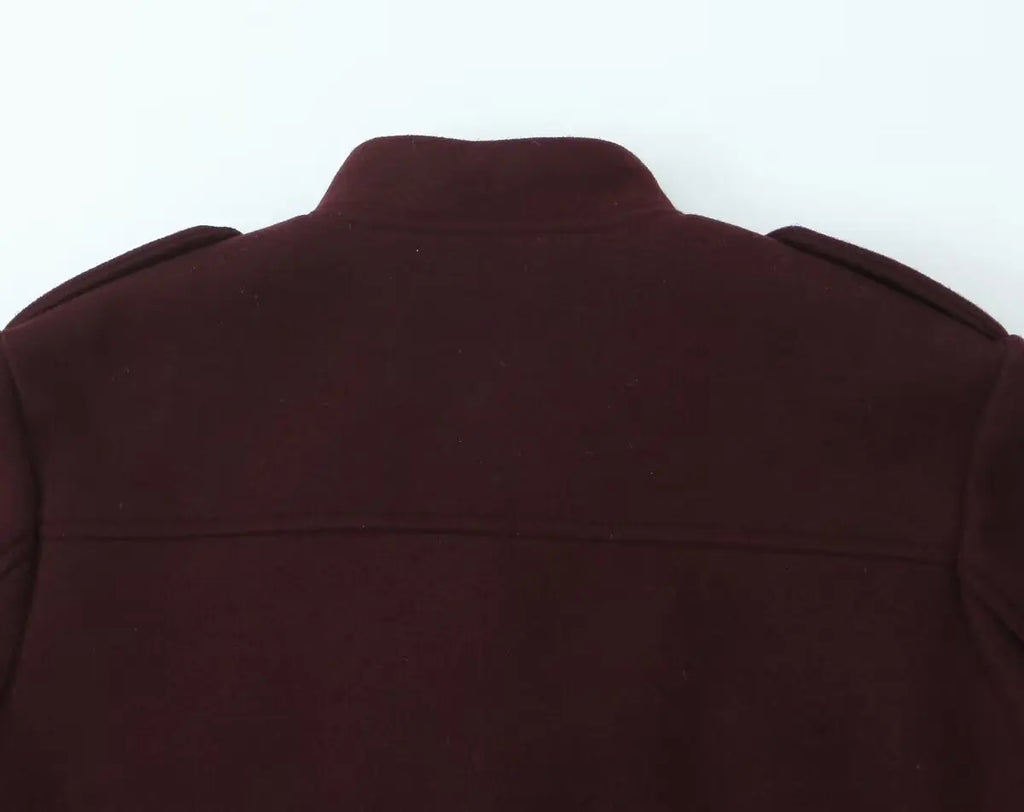 Women's Retro Wine Red Cropped Jacket Stand Collar Long Sleeve Buttoned Epaulettes Patch Pocket Coat Fall Winter New Jacket
