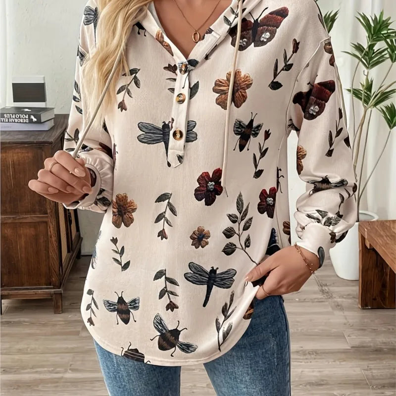 Fashionable Hooded Zipper Printed Sweatshirt Women Long-sleeved Loose Versatile Autumn And Winter Pullover Herbst Damen Kleidung