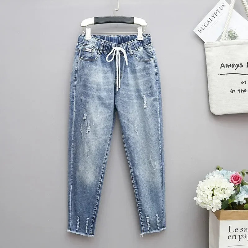 XL-6XL Plus Size jeans for Women Mom Jeans Woman Elastic High Waist Blue BaggyJeans Denim Ripped Jeans Female Harem Pants
