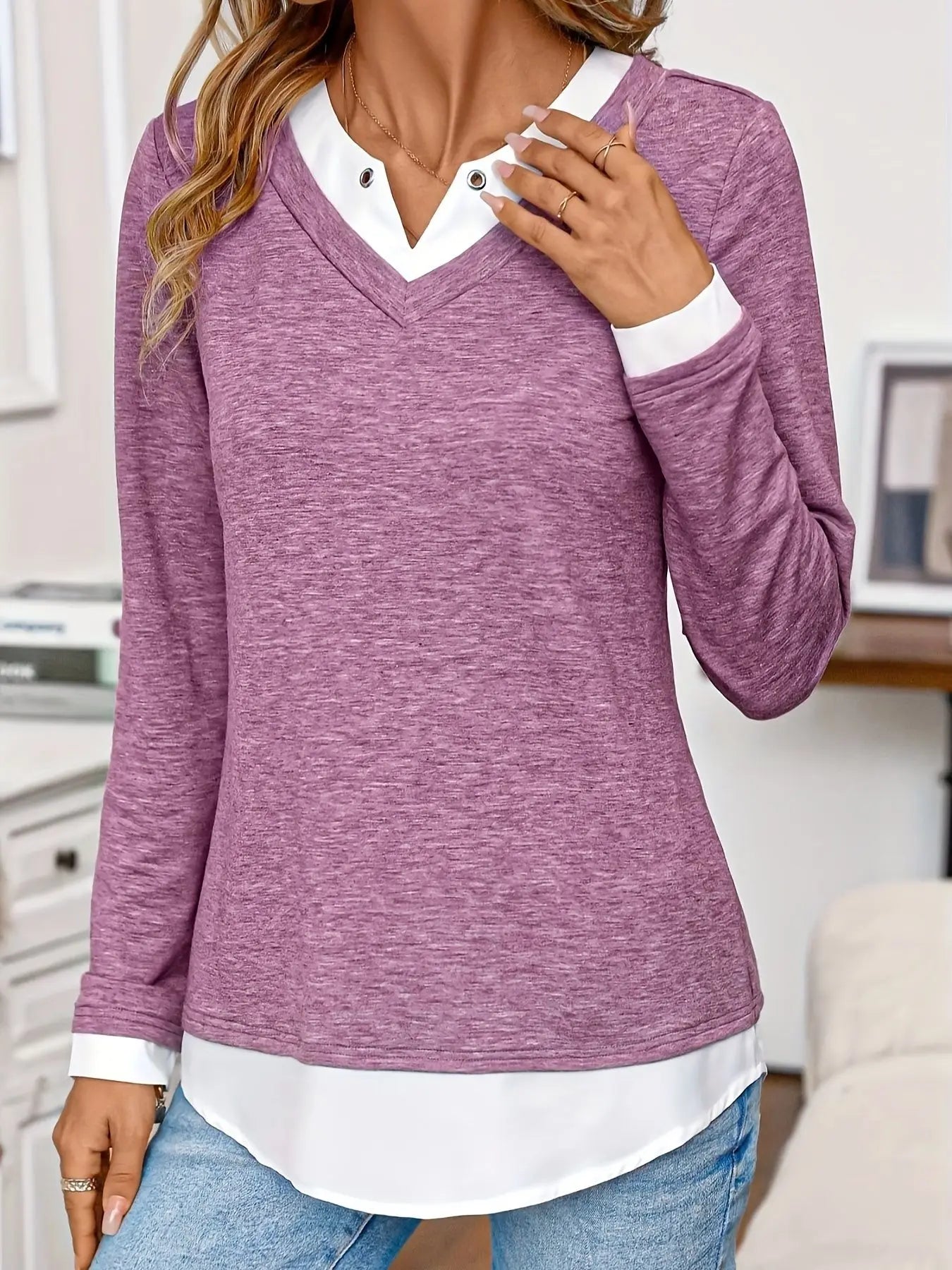 Women's autumn and winter fashion casual loose round neck patchwork T-shirt