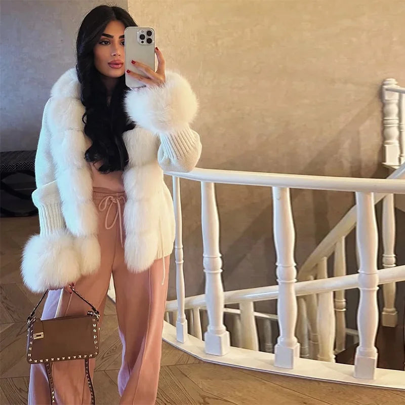 Chic Knitted Faux Fur Patchwork Women's Coat Thicken Warm Lady Coats 2025 Autumn Winter Chic Female Street Outerwears