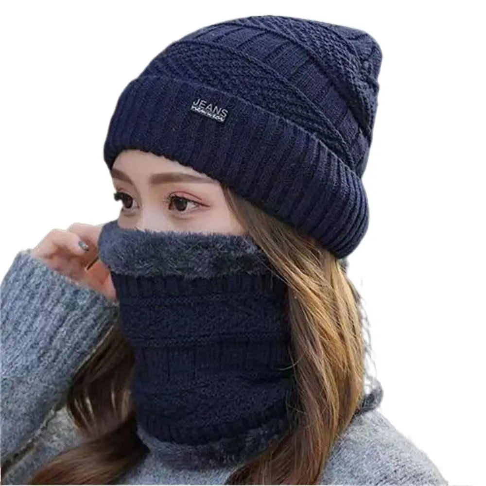 Men Women Winter Beanie Hat Scarf Casual Thermal Fleece Knitted Hat Soft Warm Balaclava Wool Neck Warmer Scarf Cap