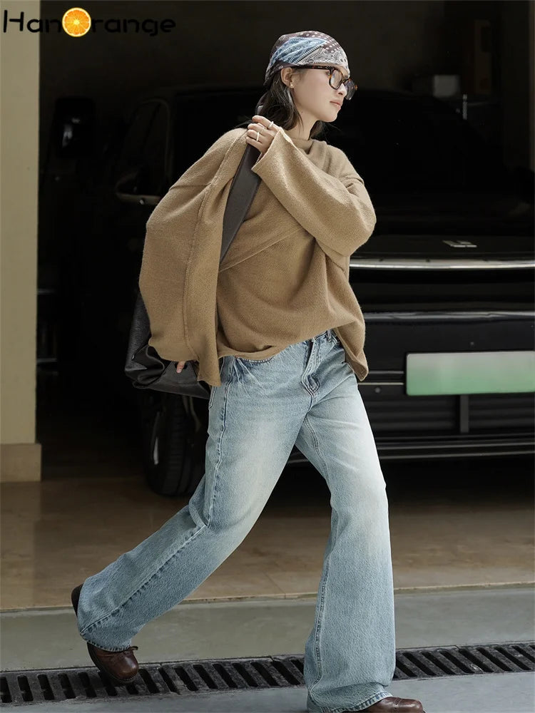 2025 Autumn Winter Retro Polished White Washed Jeans Women Neat Straight Leg 100% Cotton Denim Pants Blue