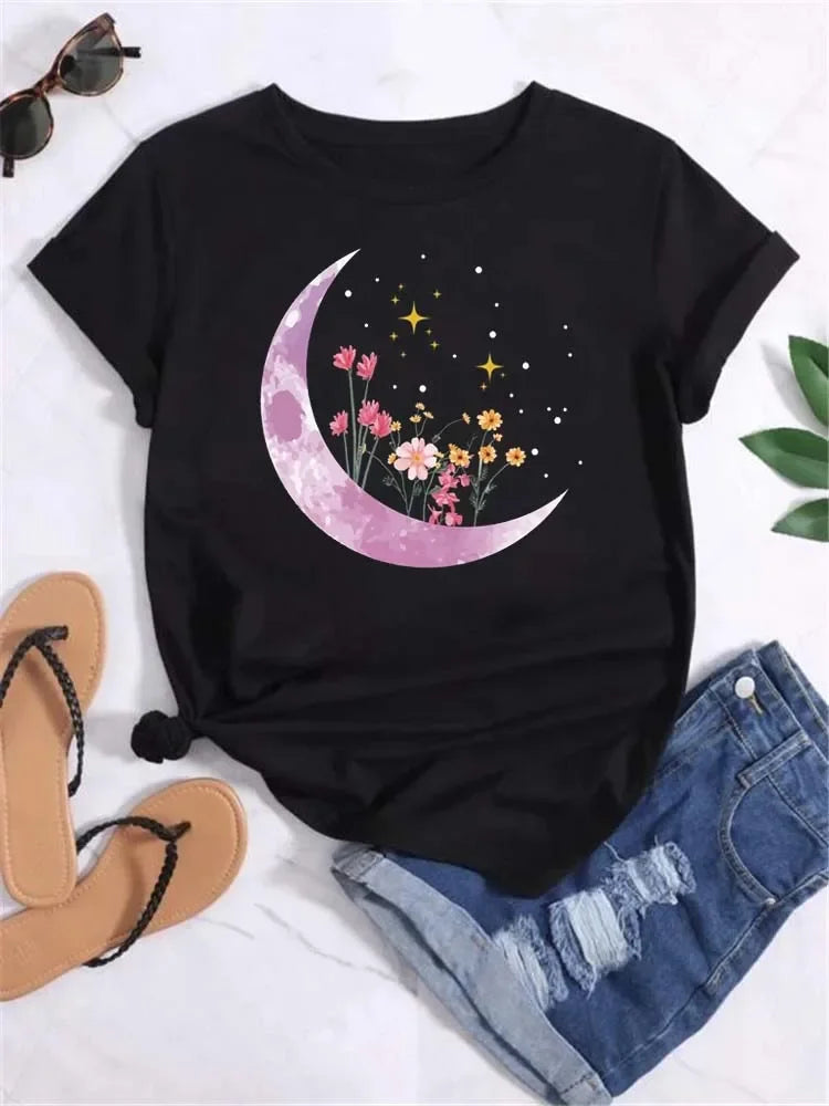 Women Moon Planet Print Fashion Tee Shirts Casual Round Neck Short Sleeve Streetwear Female T-Shirt Vintage Tops