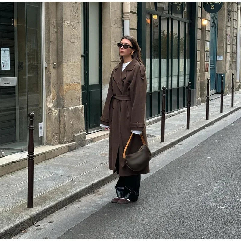 Belts Double Breasted Women's OverCoat Elegant Laple Pocket Full Sleeve Female Coat 2025 Autumn Winter Fashion New Lady Outwears