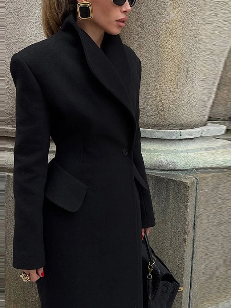 Faux Fur Parka Women Shoulder Pad Slim Waist Long Sleeves One Button Coats Female 2025 Winter Warm Solid Casual Outwears Lady