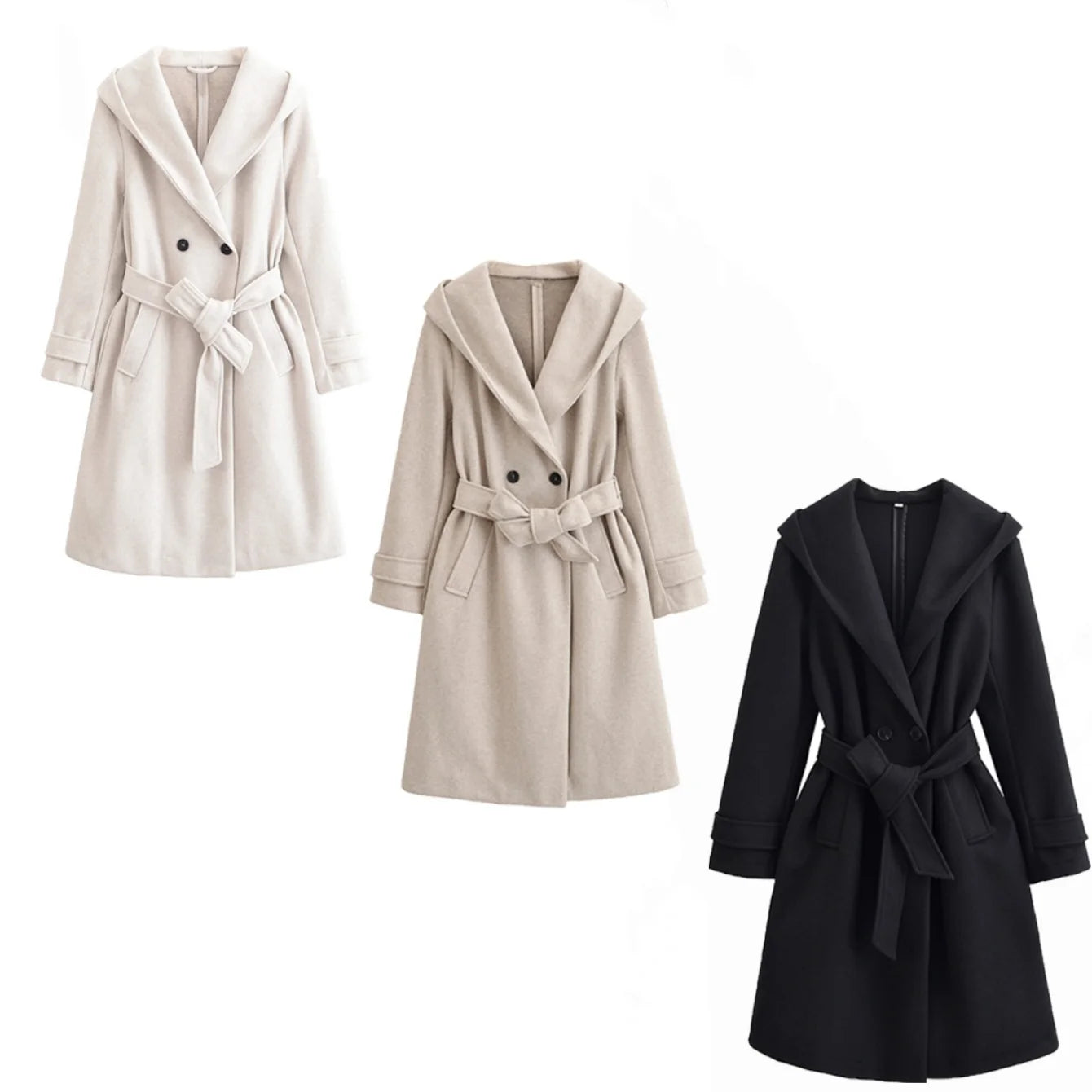 Women Autumn Winter Long Woolen Coats Vintage Solid Hooded Sashes Trench Coat Female Elegant Streetwear Outerwear Clothing