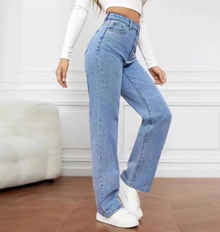 High Waist Loose Fit plus Size Denim Jeans Women's Commuter Straight Leg Pants Casual Sle Polyester Fiber