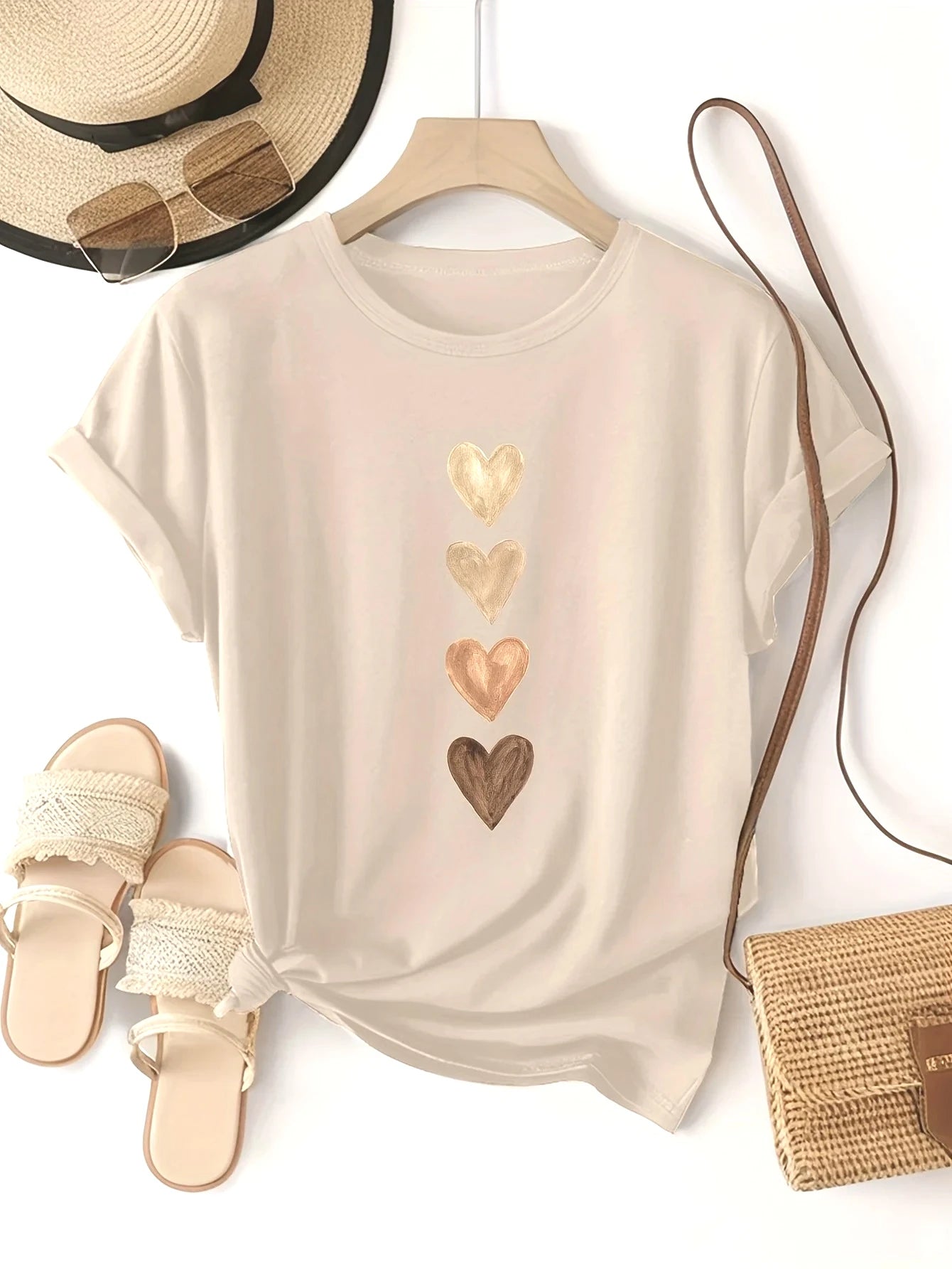 Women's Casual Short Sleeve T-Shirt with Four Heart Graphic Print - Black & Golden Medium Stretch Round Neck Novelty T-Shirt