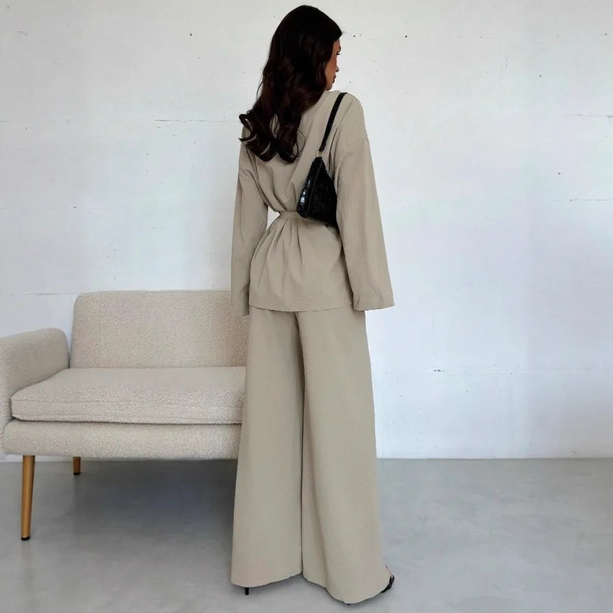 2025 Autumn Winter European American Fashion V-neck Women's Temperament Long-sleeved Elegant Wide-leg Pants Set