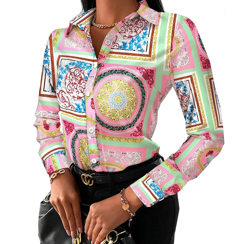 Summer New Women's Long-sleeved Shirt, Single-breasted Printed Shirts Fashion Casual Tops Camisa Female Chemise S-XXL