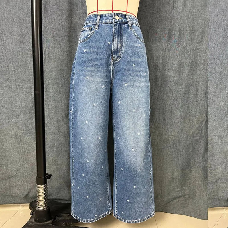 Benuynffy Heart Print High Waist Straight Jeans for Women 2025 New Streetwear Casual All Match Baggy Wide Leg Denim Pants Female