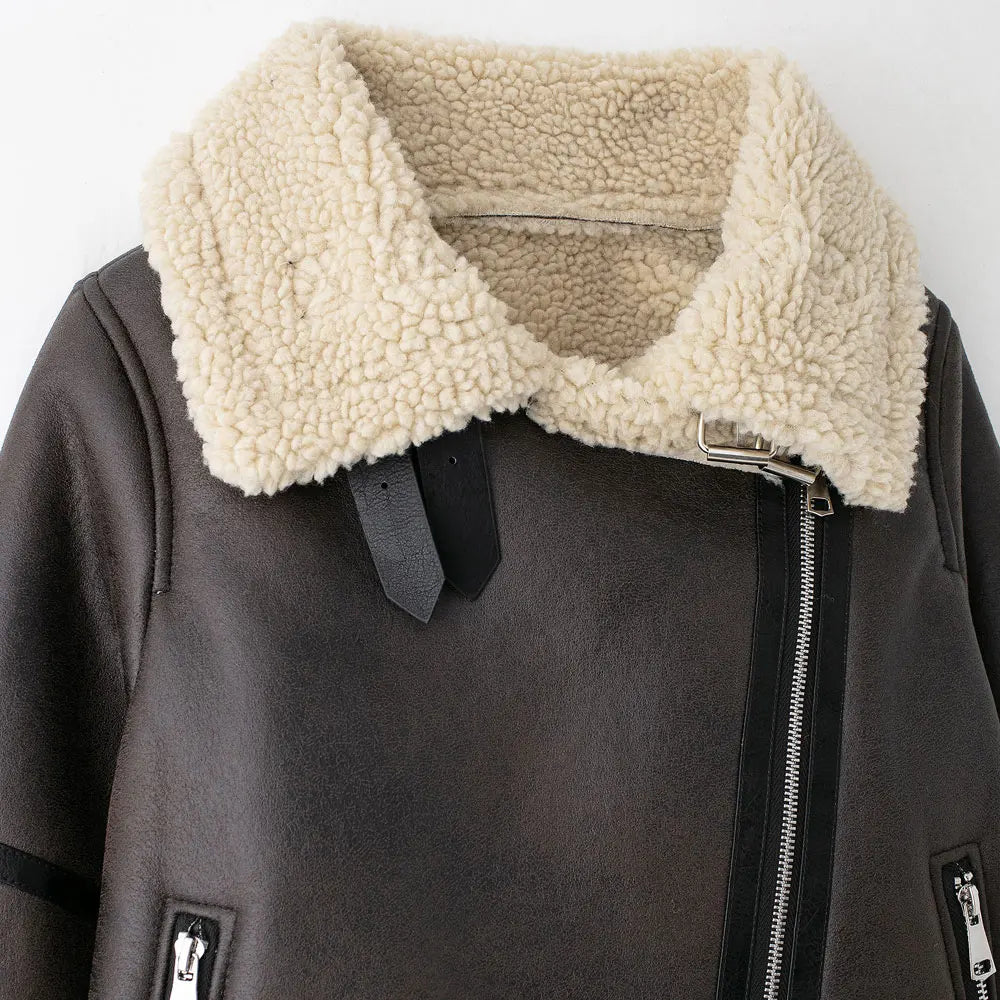 Women's Thick Warm Suede Jacket with Belt, Long Sleeve Coats, Faux Shearing, Female Outerwear, Chic Tops, Winter Fashion