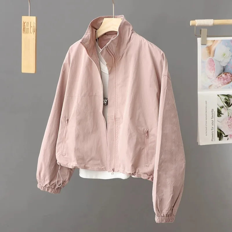 Women's New Autumn Zippered Loose Workwear Windbreaker Short Coat Women's Casual Long-sleeved Tops