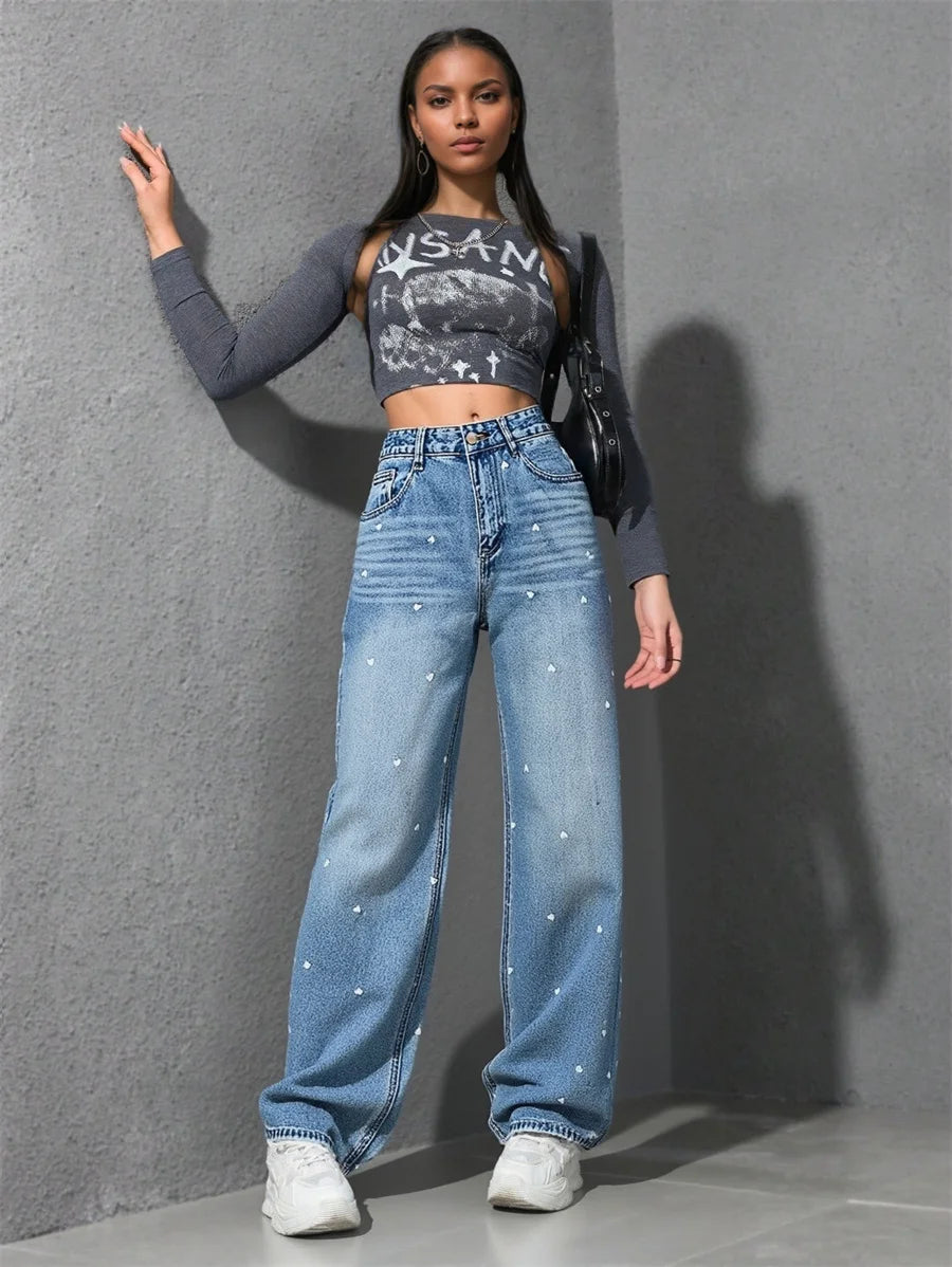 Benuynffy Heart Print High Waist Straight Jeans for Women 2025 New Streetwear Casual All Match Baggy Wide Leg Denim Pants Female