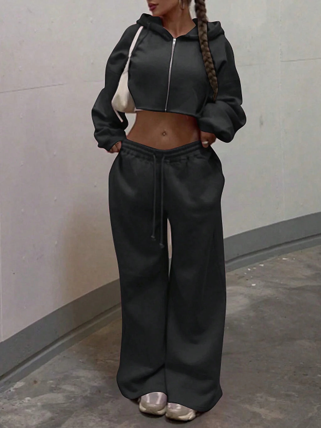 Women Hooded Zip-up Cropped Sweatshirt and Long Pants 2 Piece Sets 2025 Autumn Casual Hoodies Sweatpants Suit Tracksuits