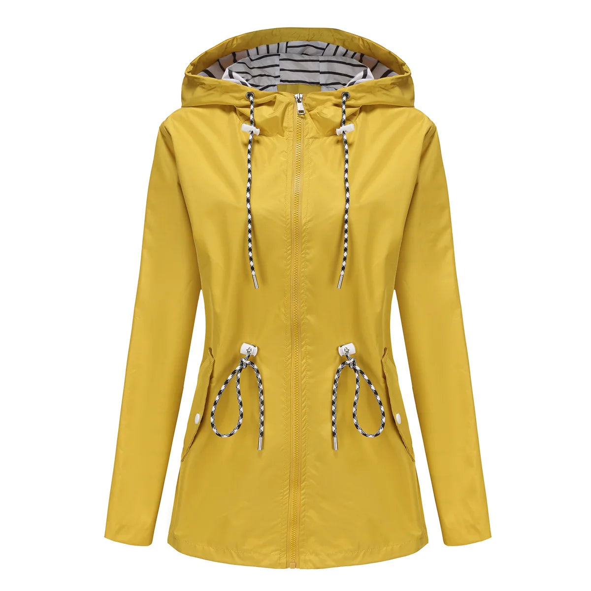 Red Waterproof Hooded Jacket, Women Fashion Casual Coat, Waist Drawstring Tie Zipper Switch Blue Green Yellow Black Windbreaker