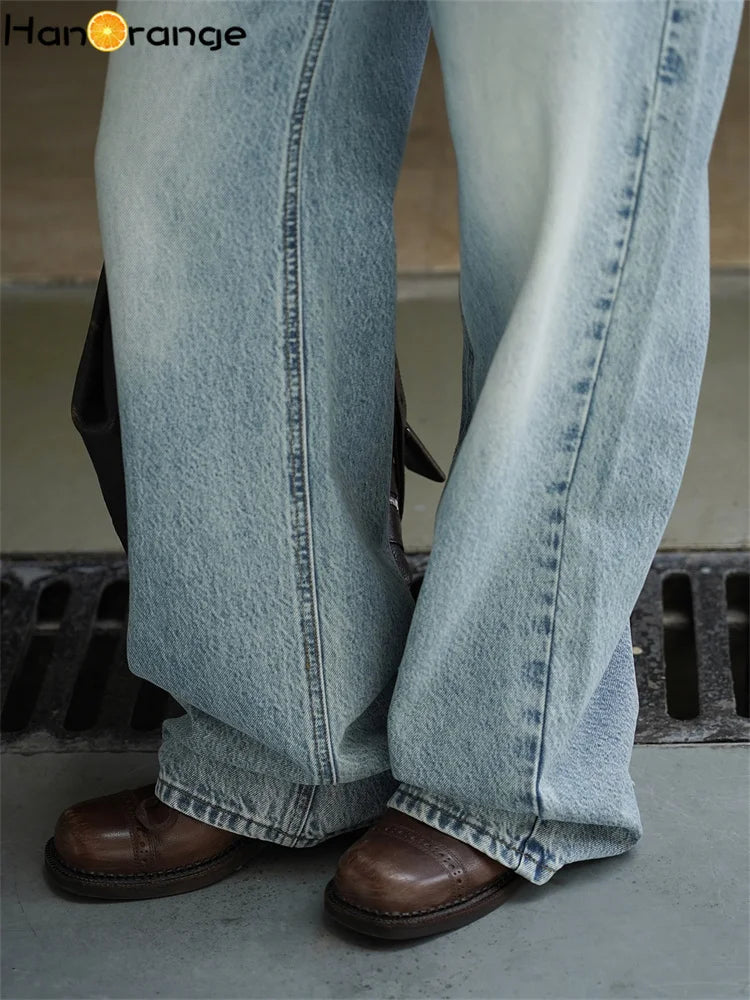 2025 Autumn Winter Retro Polished White Washed Jeans Women Neat Straight Leg 100% Cotton Denim Pants Blue