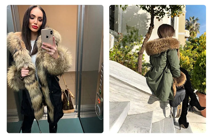 MaoMaoKong Natural Real Fox Fur Jacket Hooded Black Waterproof Woman Winter Warm Coat Parkas Luxury Jacket Female Clothing