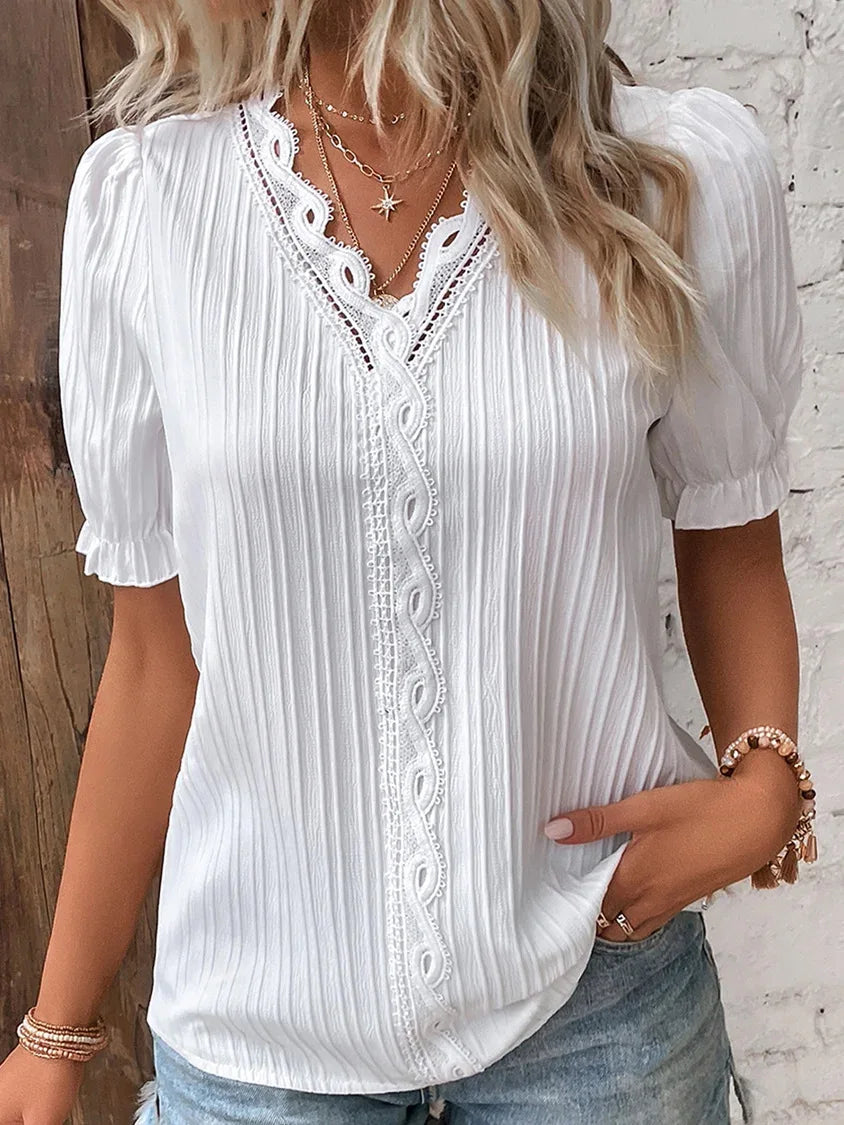 Women's Summer New Top Solid Sexy V-Neck Hollow Short Sleeve Shirt Fashion Splice Plus Size Blouse Loose Street Apparel